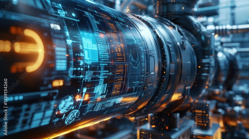 Poster complex machinery with transparent screen displaying technical data and futuristic user interface, s