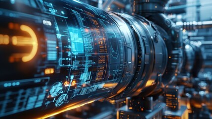 Complex machinery with transparent screen displaying technical data and futuristic user interface, suggesting innovative production processes in advanced industrial setting
