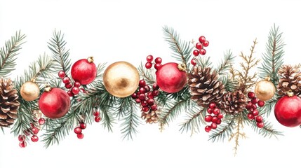 Fototapeta premium Festive christmas garland with red and gold baubles, pinecones, greenery, and red berries