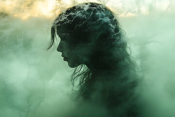 A mysterious silhouette of a woman standing behind frosted glass, creating an artistic and atmospheric effect.
