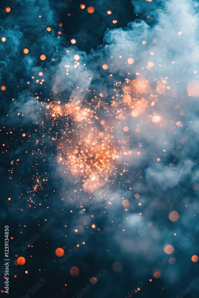 Poster abstract sparkling light particles floating in a dark blue hazy background with bokeh effect