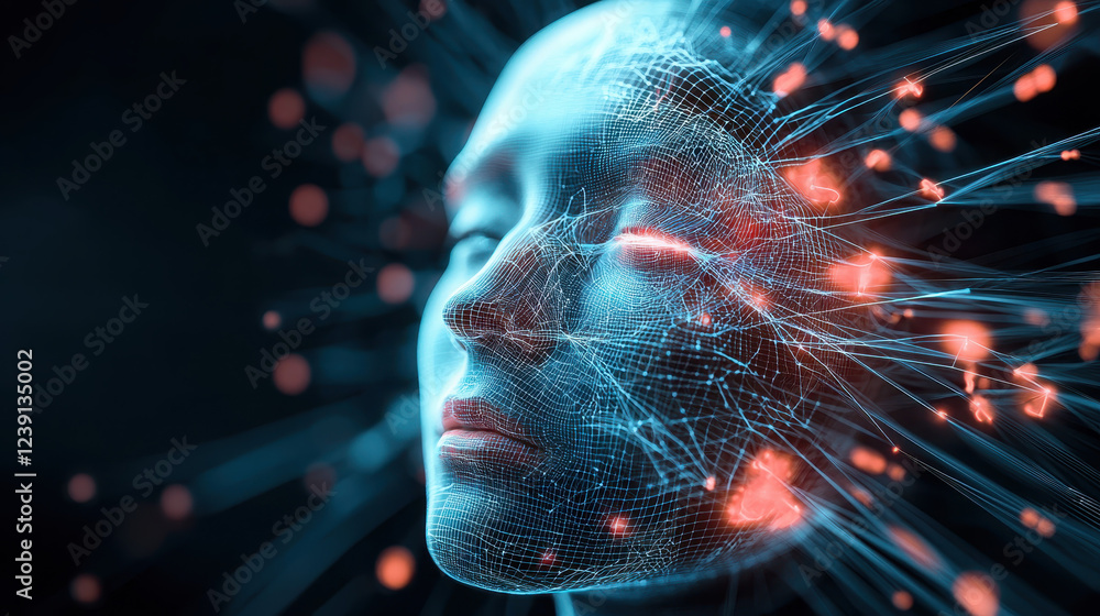 Poster abstract representation of digital face with neural connections and glowing particles, symbolizing a