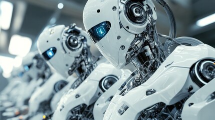 Fototapeta premium A Row Of Advanced White Robots In A Factory Setting