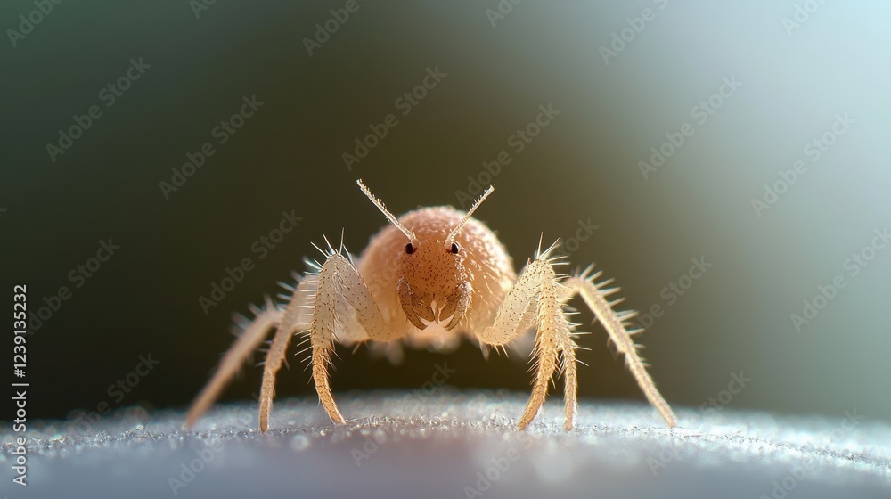 Poster tiny dust mite magnified under microscope showing intricate details and unique features for scientif