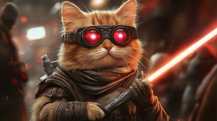 Futuristic cat in goggles wielding red lightsaber in sci-fi setting