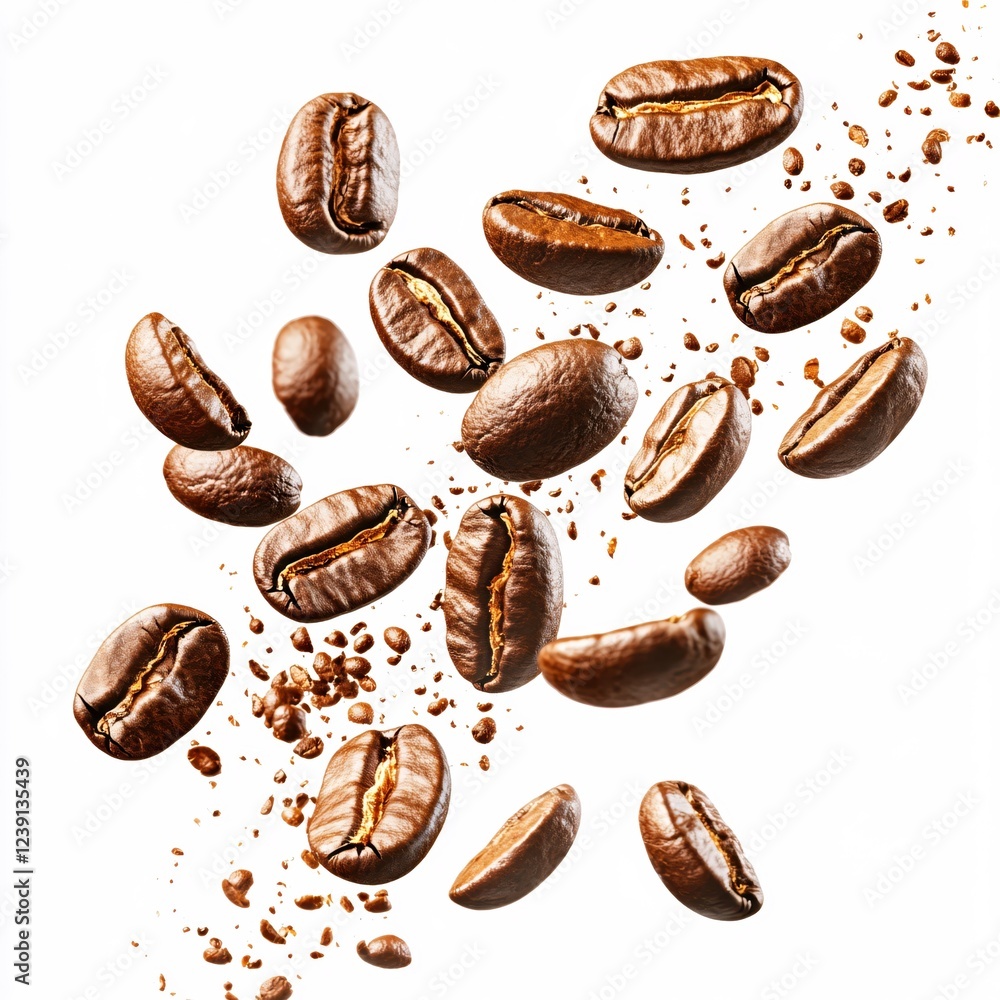 Poster roasted coffee beans falling in a dynamic swirl against a clean white background creating a sense of