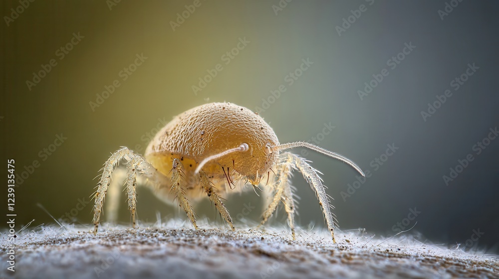Poster magnified view of tiny dust mite under microscope, displaying unique features and textures in close-