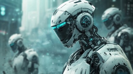 Advanced Robotic Units Standing In Futuristic City