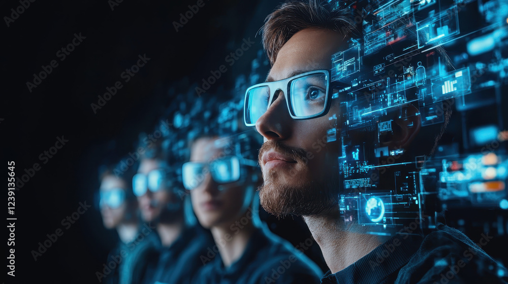 Aufkleber team of avatars collaborating in virtual environment with futuristic technology and digital interfac