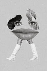 Exclusive magazine picture sketch collage image of strange face pieces walking legs isolated...