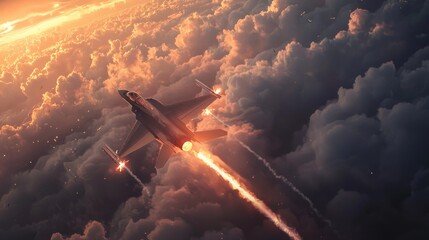Obraz premium Sunset Flight, Fighter Jet Soaring Through Clouds