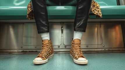 Bold leopard print high-top sneakers on subway closeup image. White socks, black leather pants on teal seat close up photography. Streetwear. Relaxed urban fashion concept photo