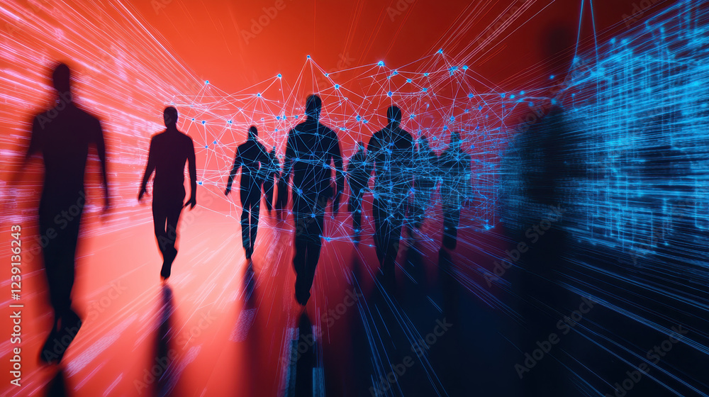 Poster digital network connecting silhouettes in futuristic setting