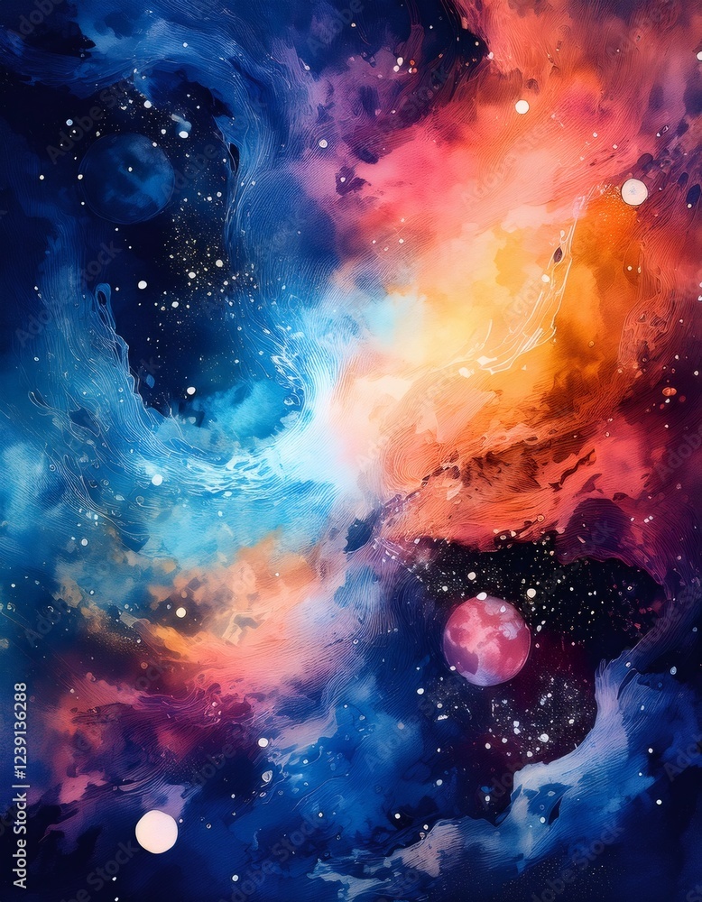 Poster colorful nebula and planets floating in outer space
