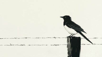 Bird perched on fence post, rural scene, calm day, nature illustration
