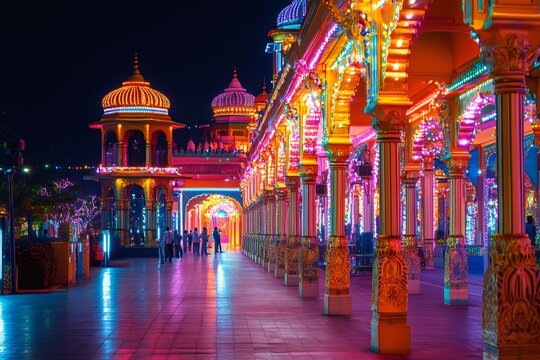 Tourists walking in colorful illuminated pavilion of global village in dubai