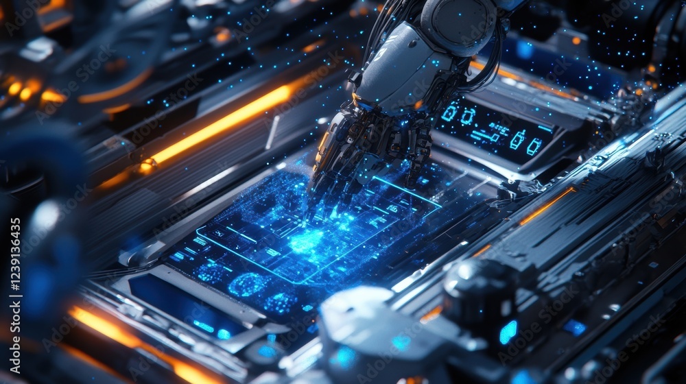 Poster robotic arm manipulating a futuristic control panel with a holographic interface, highlighting the i