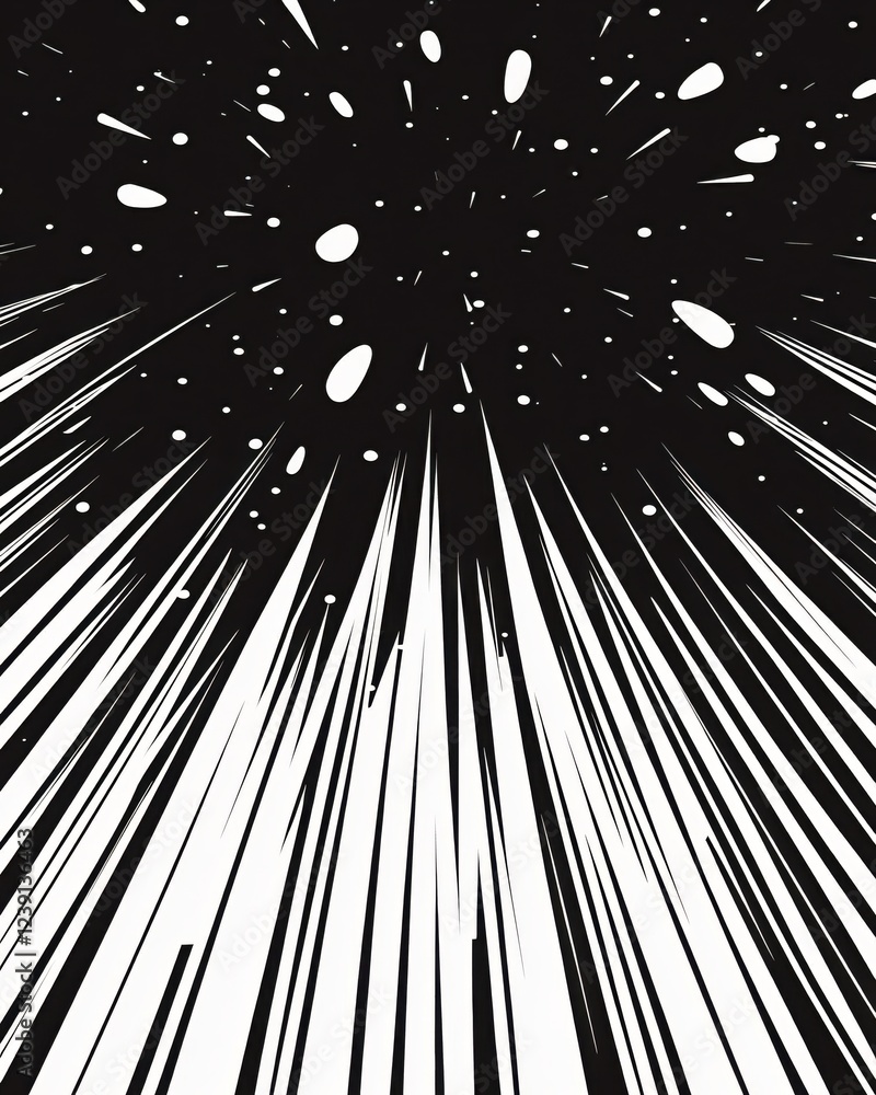 Poster dynamic abstract black and white design with radiating lines and scattered dots creating a sense of 