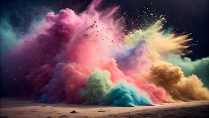 A high-resolution abstract explosion of vibrant colored powder, creating a dynamic burst of pink, purple, blue, green, and gold hues