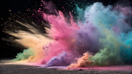 A high-resolution abstract explosion of vibrant colored powder, creating a dynamic burst of pink, purple, blue, green, and gold hues