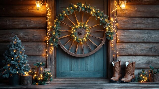 Rustic holiday door decor with wagon wheel wreath and boots in cozy cabin setting