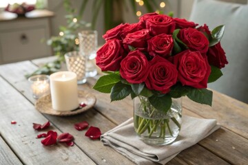 Red Roses in Glass Vase on Wooden Table for Romantic Setting