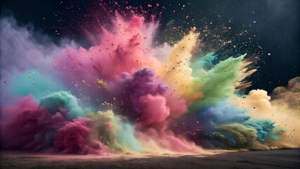 A high-resolution abstract explosion of vibrant colored powder, creating a dynamic burst of pink, purple, blue, green, and gold hues