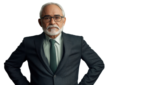 Confident senior businessman posing with hands on hips on transparent background - Powered by Adobe