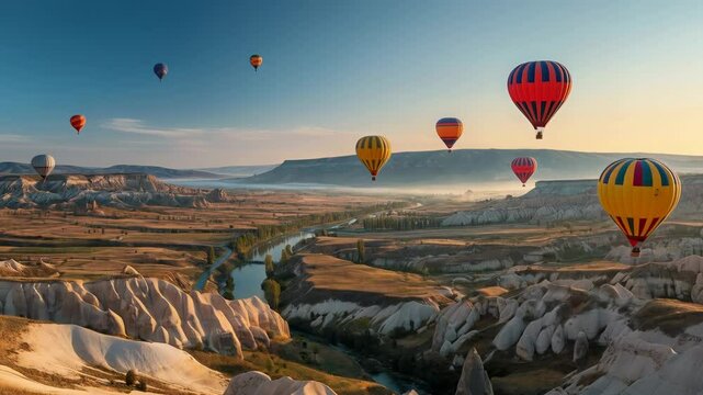 Hot air balloons float over the stunning landscape of Cappadocia at sunrise, revealing breathtaking valleys and rock formations