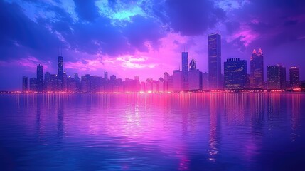 Fototapeta premium Vibrant City Skyline Reflected in Calm Water at Sunset