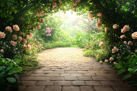 Enchanting garden path with blooming roses and lush greenery leading to a bright light