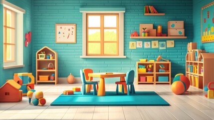 Bright playroom with colorful toys and furniture in sunlit space