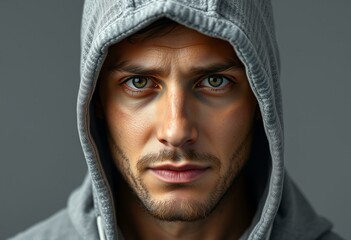 Male person wearing a hood with calm expression