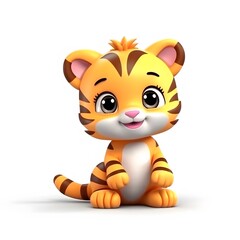 Cute 3D tiger cub sitting, white background, children's book illustration