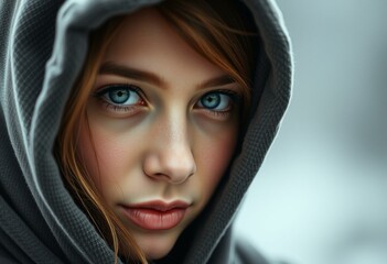 Woman in a hood, partially covered face, blurred background