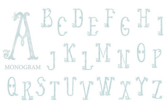 Watercolor Alphabet on the White Background. Retro Monogram.