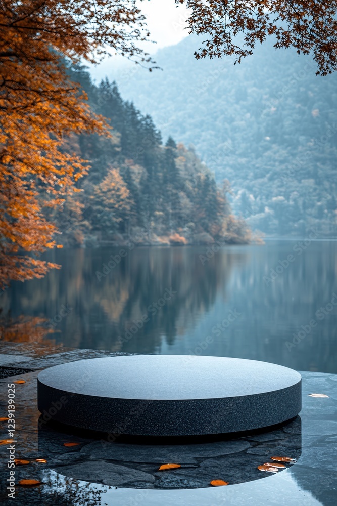 Poster serene autumn lake with a round platform and falling leaves creating a peaceful scene