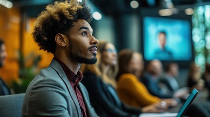 Attentive young man listening to presentation in modern conference room with diverse participants