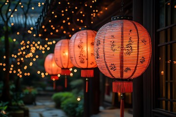 Illuminated Asian Lanterns Hanging In A Garden Setting