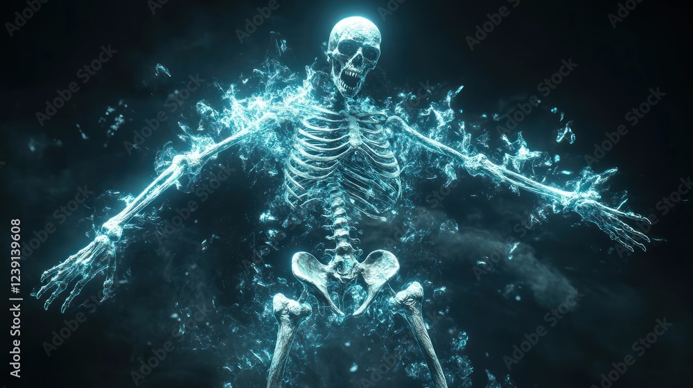 Poster skeleton emerges with a burst of blue energy in an ethereal display at night. generative ai