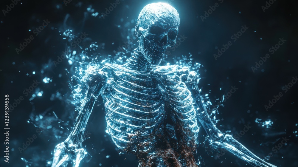 Poster visually striking representation of a skeletal form illuminated by glowing light effects in a dark e