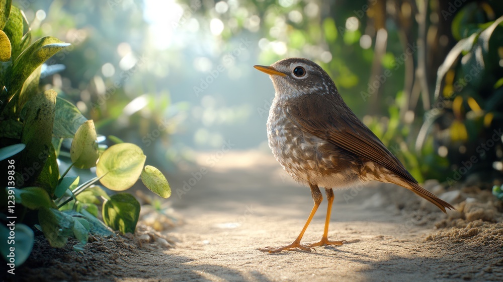Poster small bird stands on a sandy path surrounded by lush greenery in a tranquil forest setting. generati