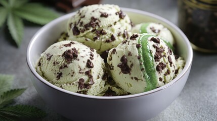 Mint chocolate chip ice cream sundae served in a bowl with toppings and green accents. Generative AI