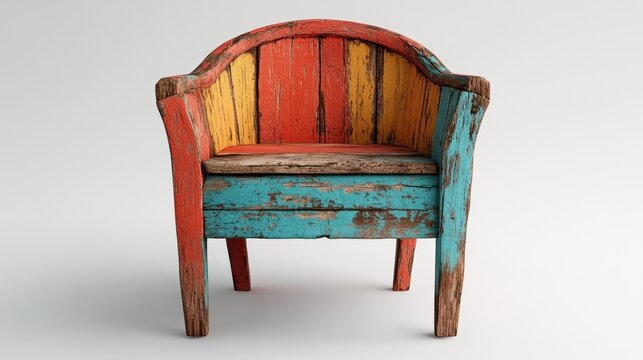 Colorful rustic chair with vibrant paint and weathered texture in natural light setting. Generative AI