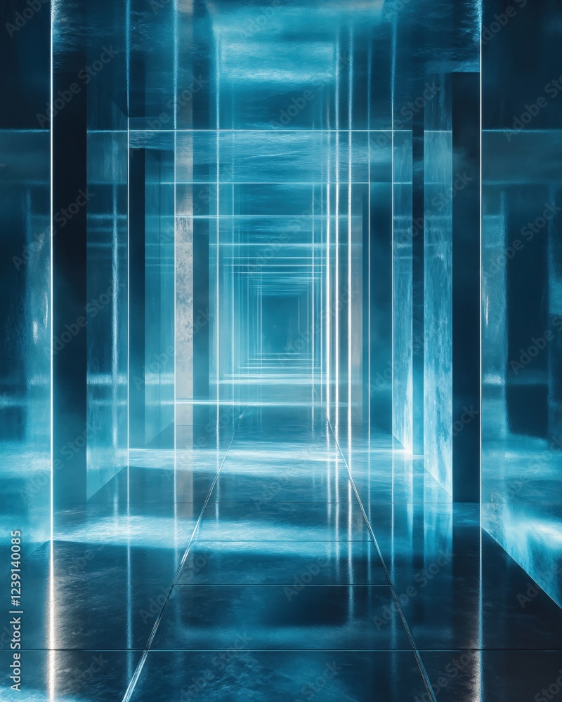 Poster abstract blue corridor with glowing lines creating a futuristic and mysterious atmosphere