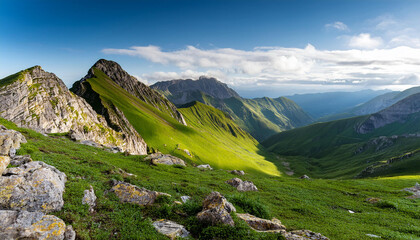 Obraz premium green mountain peaks with grassy slopes and rocky terrain natural landscape background