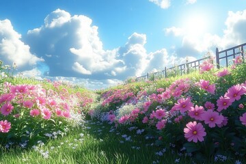 Obraz premium Vibrant Pink Cosmos Flower Field Under Sunny Sky