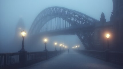 Naklejka premium Mystical fog envelops the bridge as a lone figure wanders along the riverside path at dawn. Generative AI