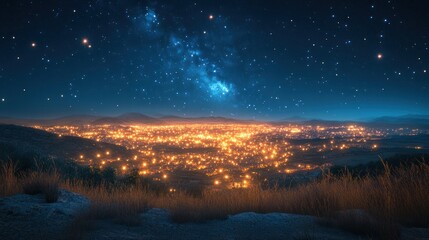 Obraz premium Vibrant city lights sparkle under a starlit sky in a serene landscape at night. Generative AI