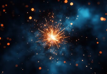 Stunning Burst of Light with Sparkling Particles in Blue and Black Background, Radiating Energy and Dynamic Motion Effects